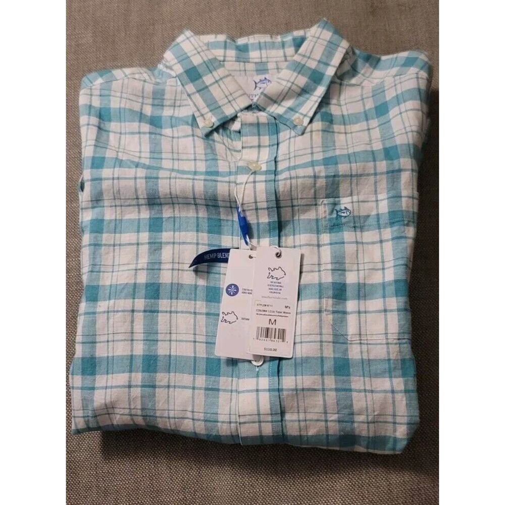 Southern Tide MEDIUM Tidal Wave Headland Moultrie Hemp Blend Plaid Sport Shirt